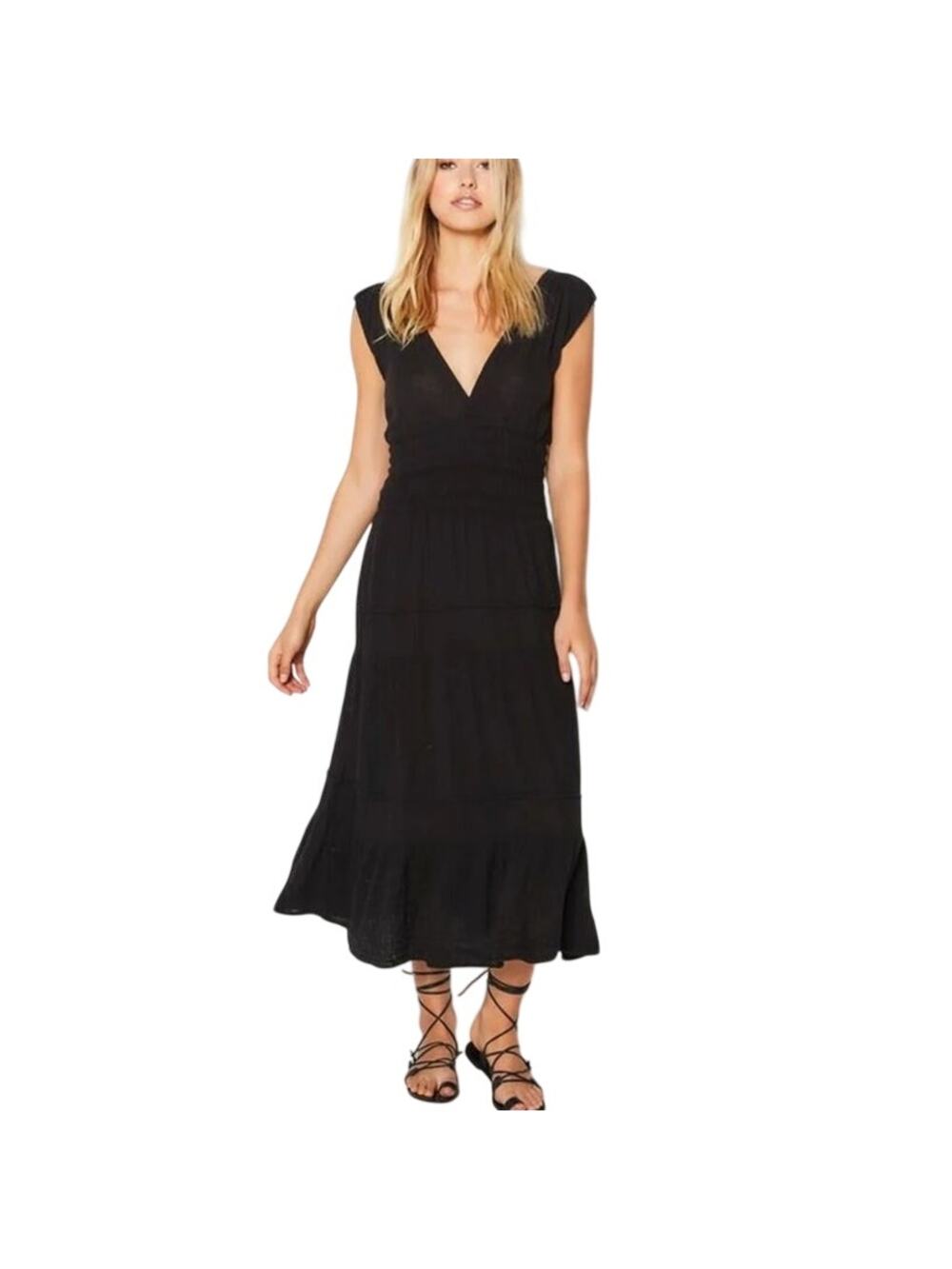 Felicite Black Satin Smocked Midi Dress Size Medium